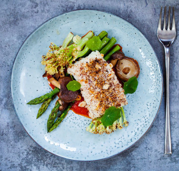 Hazelnut-Crusted Snapper with Roast Pepper Sauce, asparagus, cauliflower and shiitake mushrooms